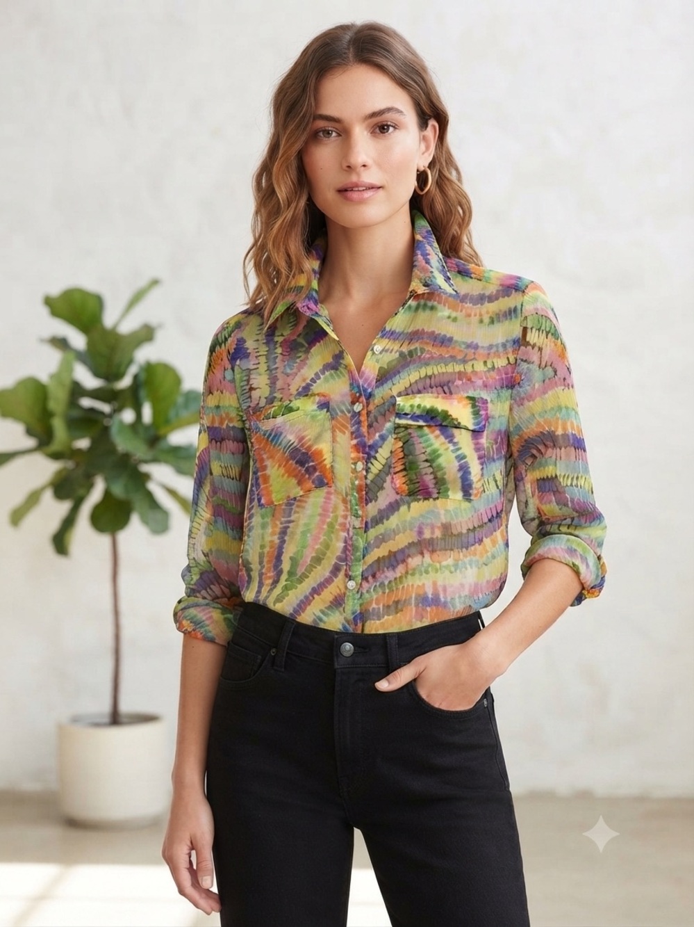 Cupio Multicolor Watercolor Stripe Button-Down Shirt